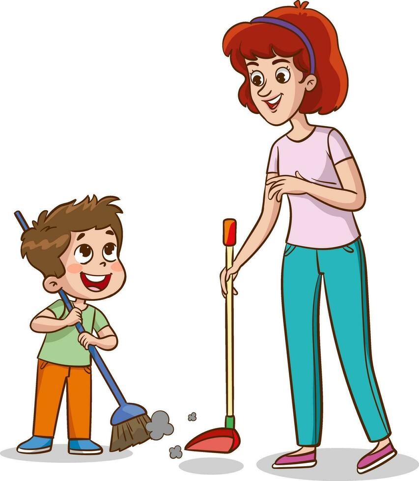 Sweep the floor. Mother and son with broom. Family time, cleaning home vector illustration