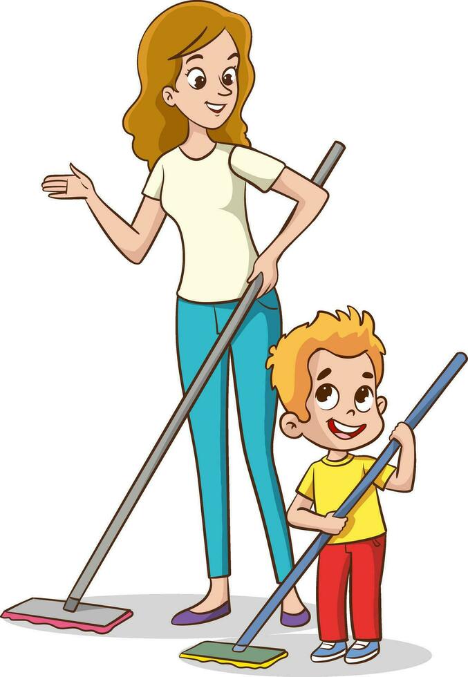 Sweep the floor. Mother and son with broom. Family time, cleaning home vector illustration