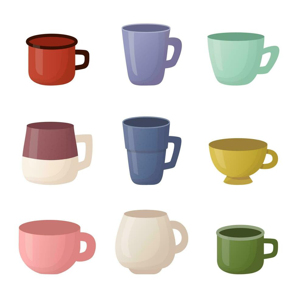 Set of colourful tea coffee mug and cup in flat style isolated on white vector