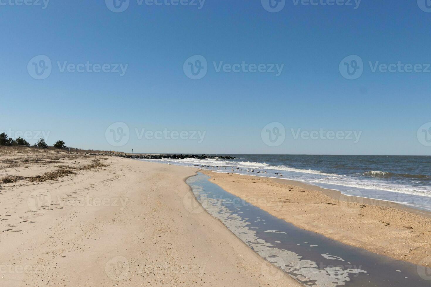 I loved the look of this beach as the waves battered the shore. The whitecaps of the waves make it look rough. The beautiful blue sky with no clouds in site make this look like a beautiful summer day. photo