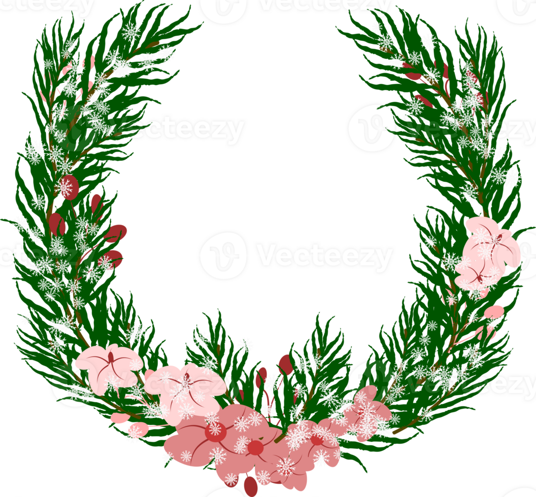 Beautiful pine wreath with flowers and snowflake in winter illustration png