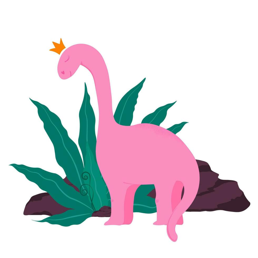 Cute little dinosaur portrait. Pink princess in a crown. Cartoon, adorable diplodocus. Vector illustration. Isolated on a white background. Print for a girl in the nursery.