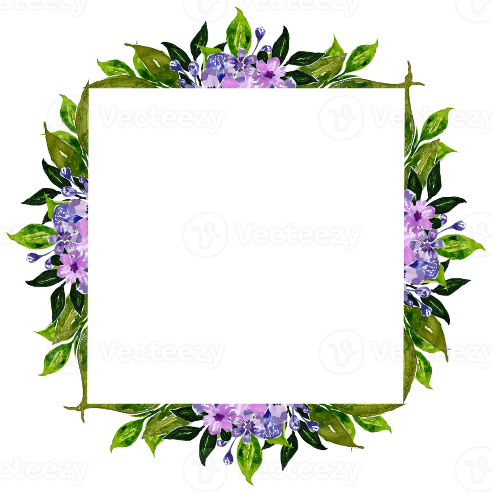vattenfärg blommig ram ClipArt. botanisk blad, lila och rosa blommor. png