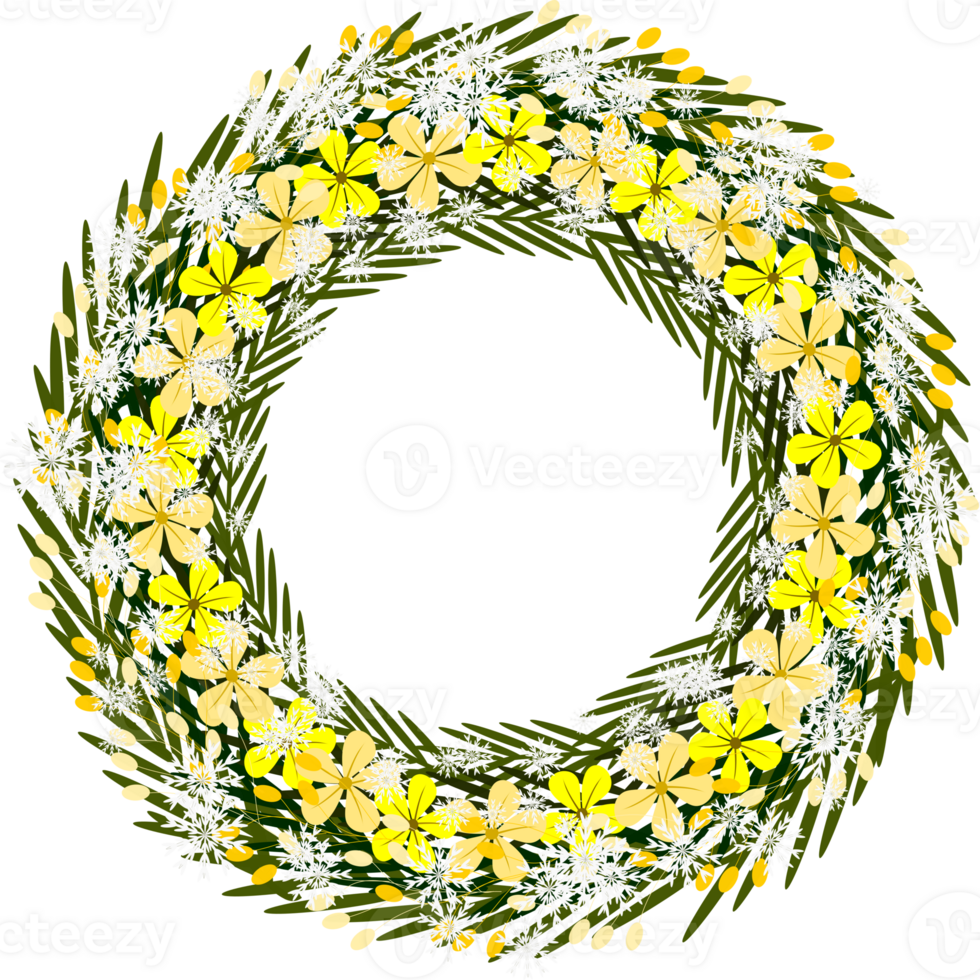 Wreath frame with yellow flowers and snowfall.Floral spring wreath clipart. png