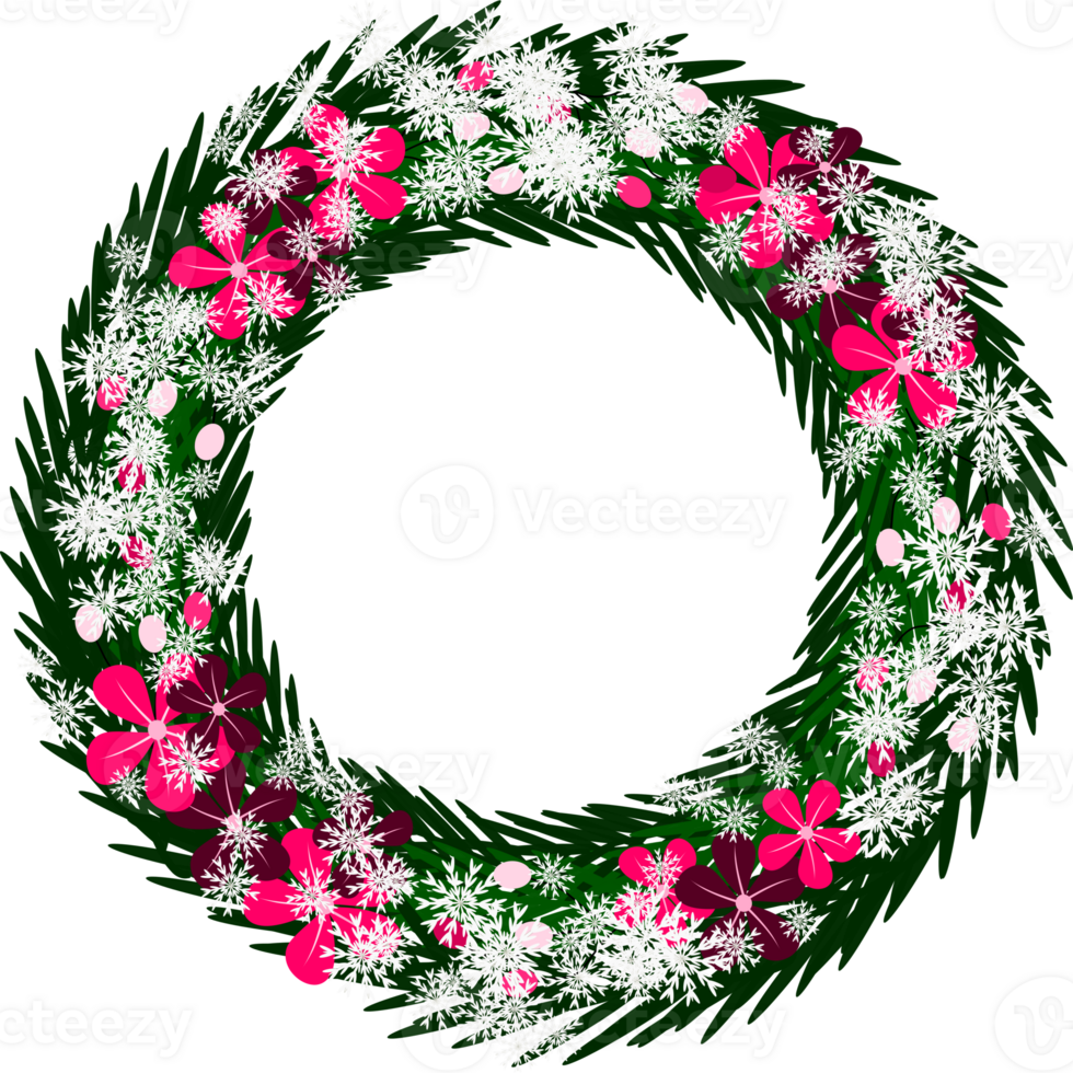 Beautiful floral wreath in pine leaves and snowflakes png