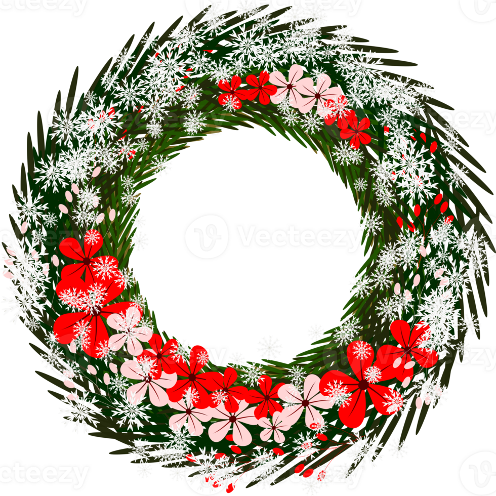 Flower wreath with pine leaves and snowflake.Winter frame clipart. png