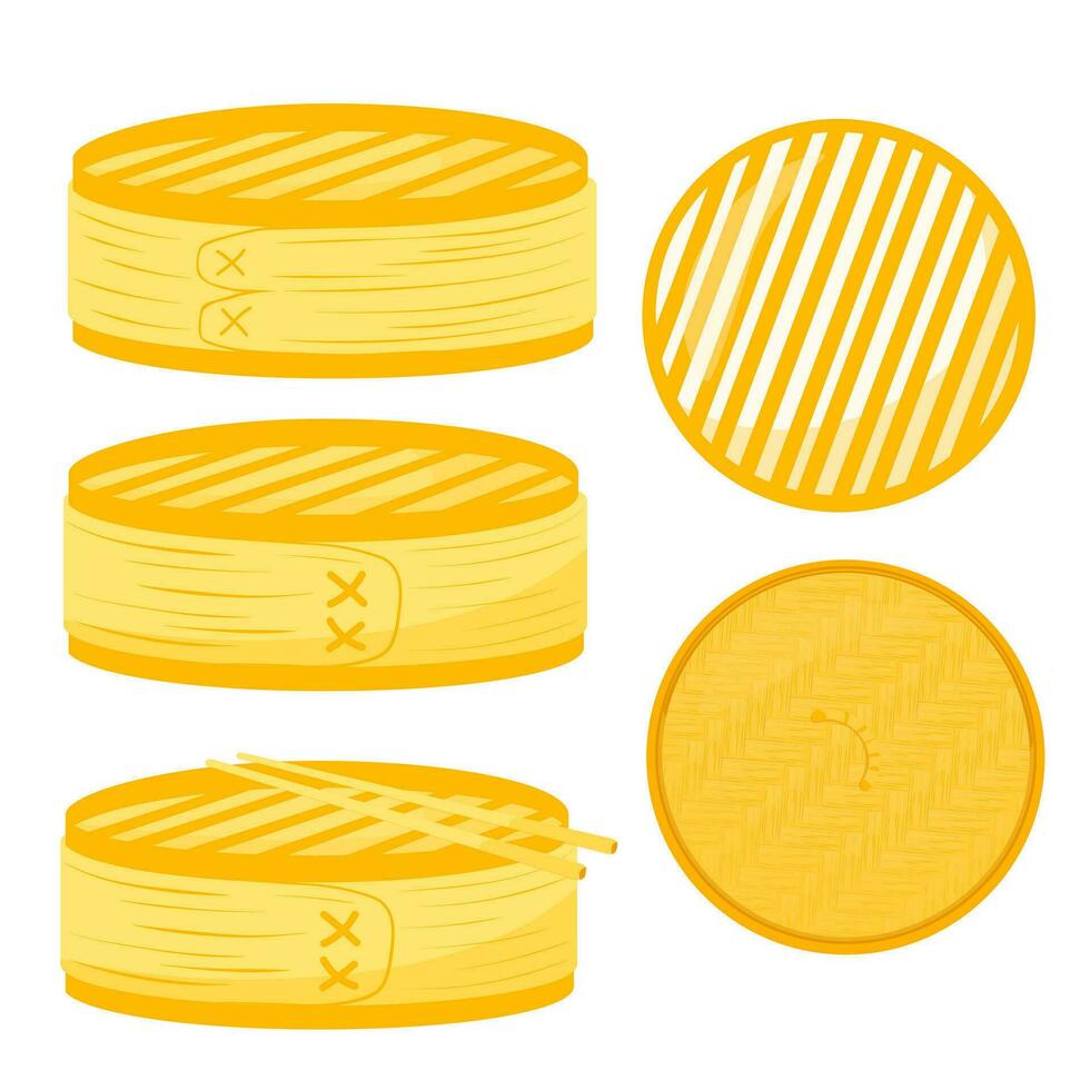 Group of chinese bamboo steamer. Traditional Chinese dumpling tableware. Vector stock illustration. isolated on white background