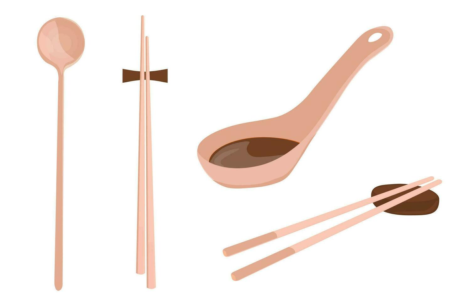 Chinese chopsticks vector stock illustration. Wooden spoon for soup and rice. Traditional Cutlery in East Asia Japan, China, Korea, Vietnam. Isolated on a white background.