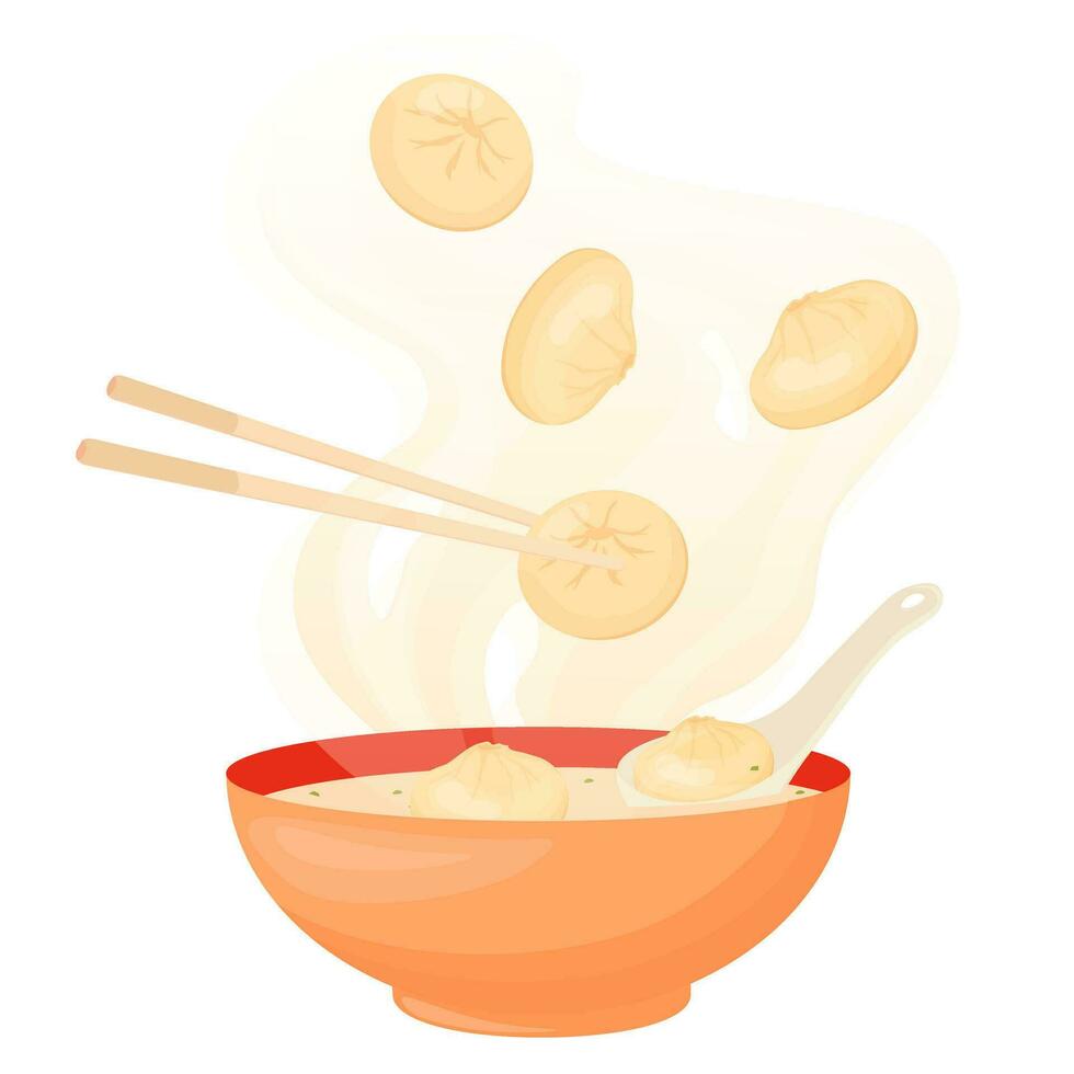 Wonton sopa, chino alimento. vector ilustración. oscuro sim empanadillas para un Pareja. asiático cocina. aislado en un blanco antecedentes.