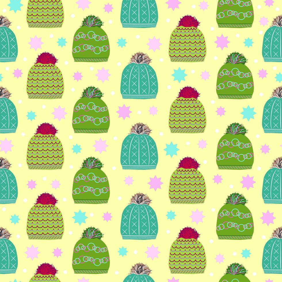 Trendy winter head hats knitted seamless pattern on light green background. Web, wrapping paper, textile or wallpaper vector