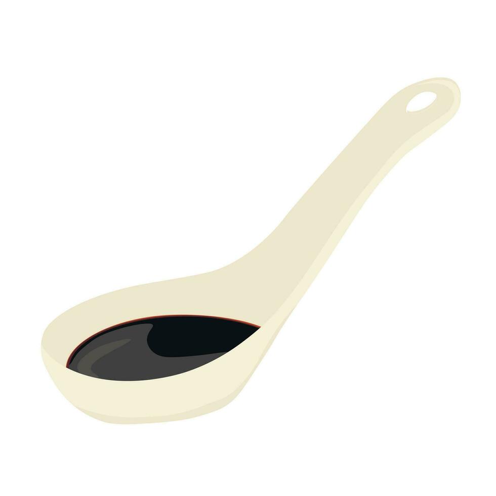 Chinese ceramic spoon. Soy sauce. Vector stock illustration. Isolated on a white background.