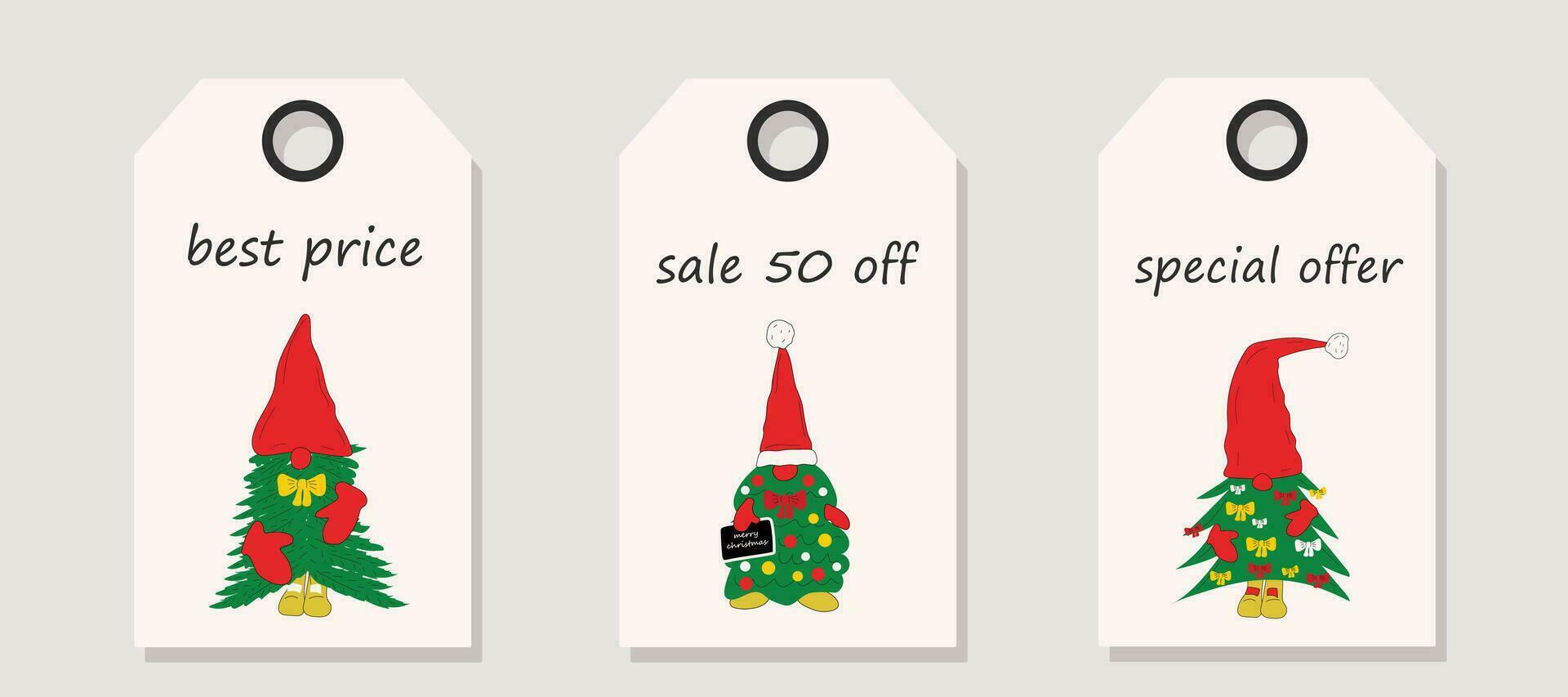 Vector set of discount price tags. Labels with Cute Christmas gnomes made of Christmas tree. Christmas sale.