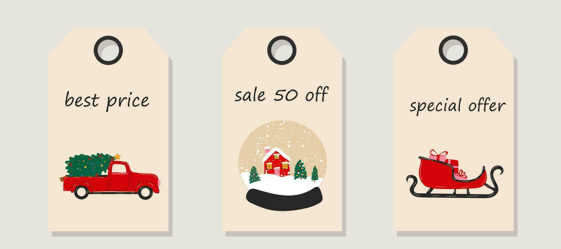 Vector set of discount price tags. Labels with Christmas objects, snow globe, sleigh and pickup truck with christmas tree. Christmas sale.