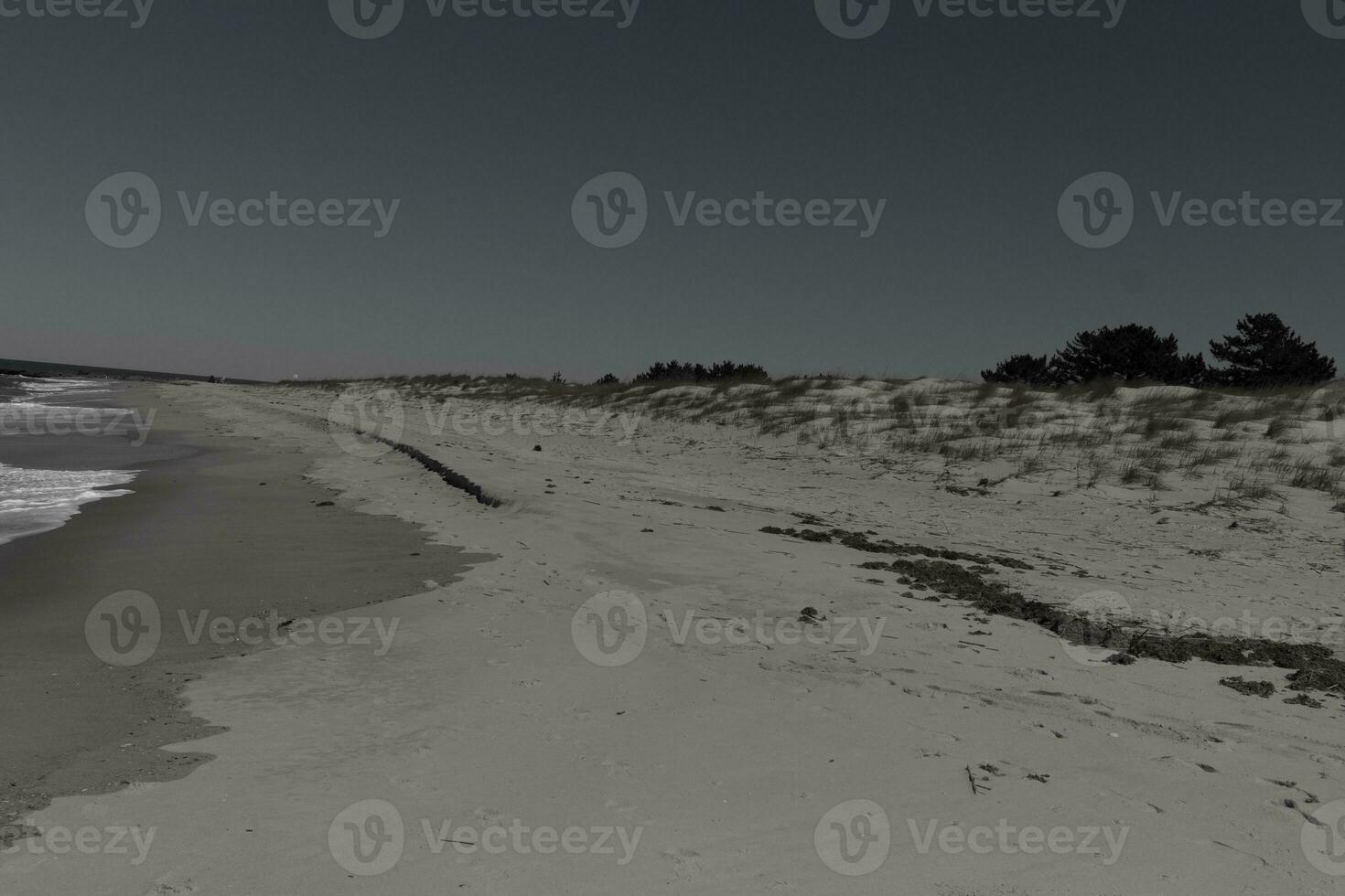 Beautiful beach in Cape May New Jersey. Brown sand all about with footprints all around. Green dunes shown at the top. Pretty blue clear sky above. photo