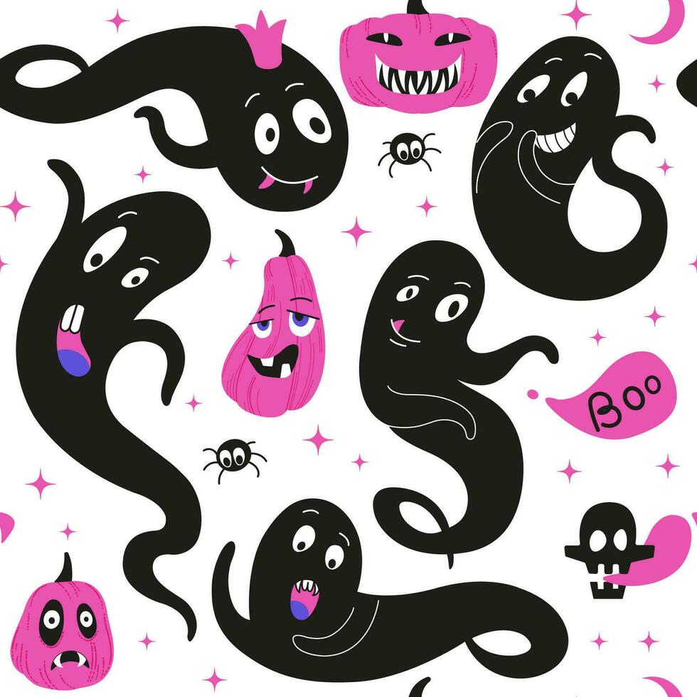 Spooky Halloween ghost seamless pattern. Scary ghost characters, fly funny spook. Halloween spooky cartoon poltergeist. Pattern for background, printing on wrapping paper, wallpaper or fabric. vector