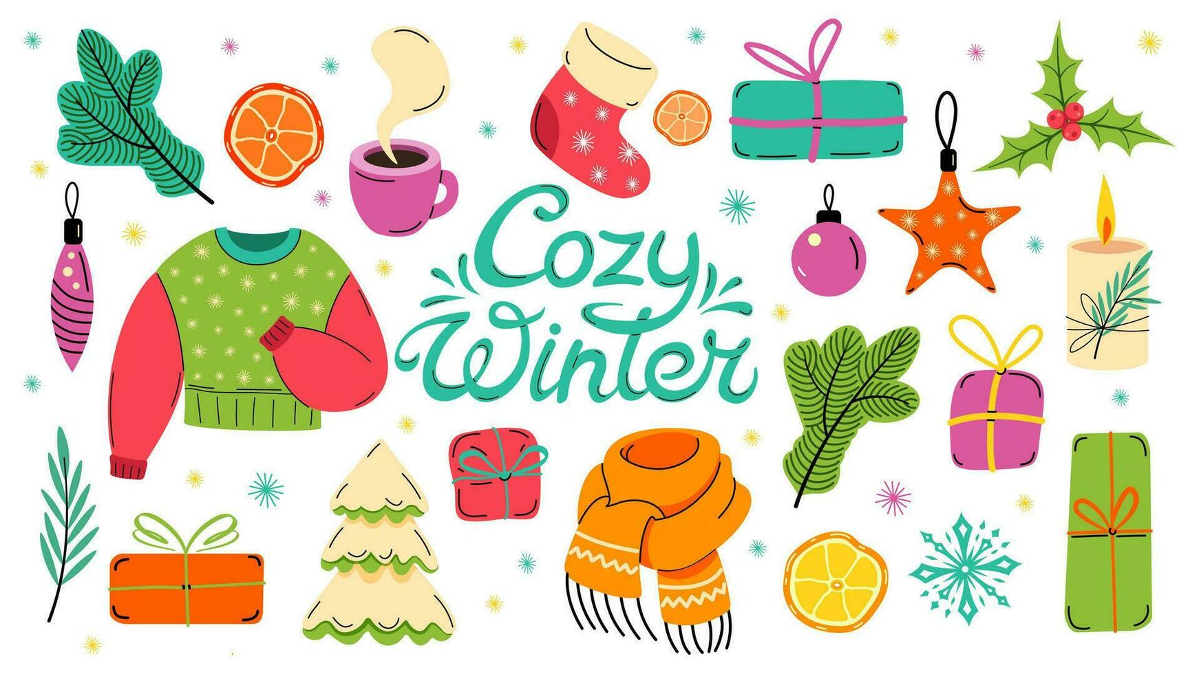 Christmas set of festive symbols and design elements. Cute flat illustration in hand drawn style. Cozy Winter lettering. Kids illustration for Christmas time. Scrapbook collection. vector