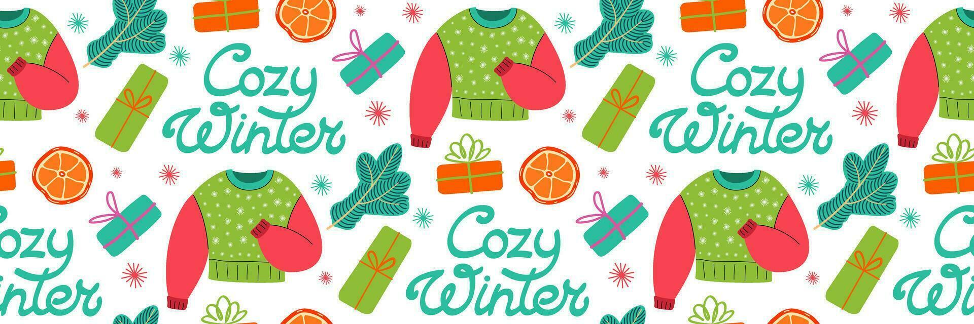 Cozy winter pattern. Winter theme and Christmas Backgrounds. Flat vector illustration. Lettering and colored sweater. Pattern for background, printing on wrapping paper, wallpaper or fabric.