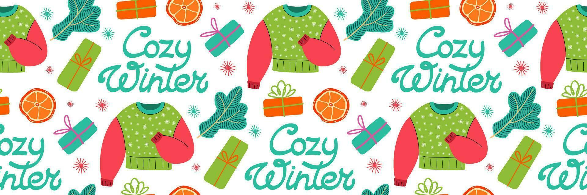 Cozy winter pattern. Winter theme and Christmas Backgrounds. Flat vector illustration. Lettering and colored sweater. Pattern for background, printing on wrapping paper, wallpaper or fabric.