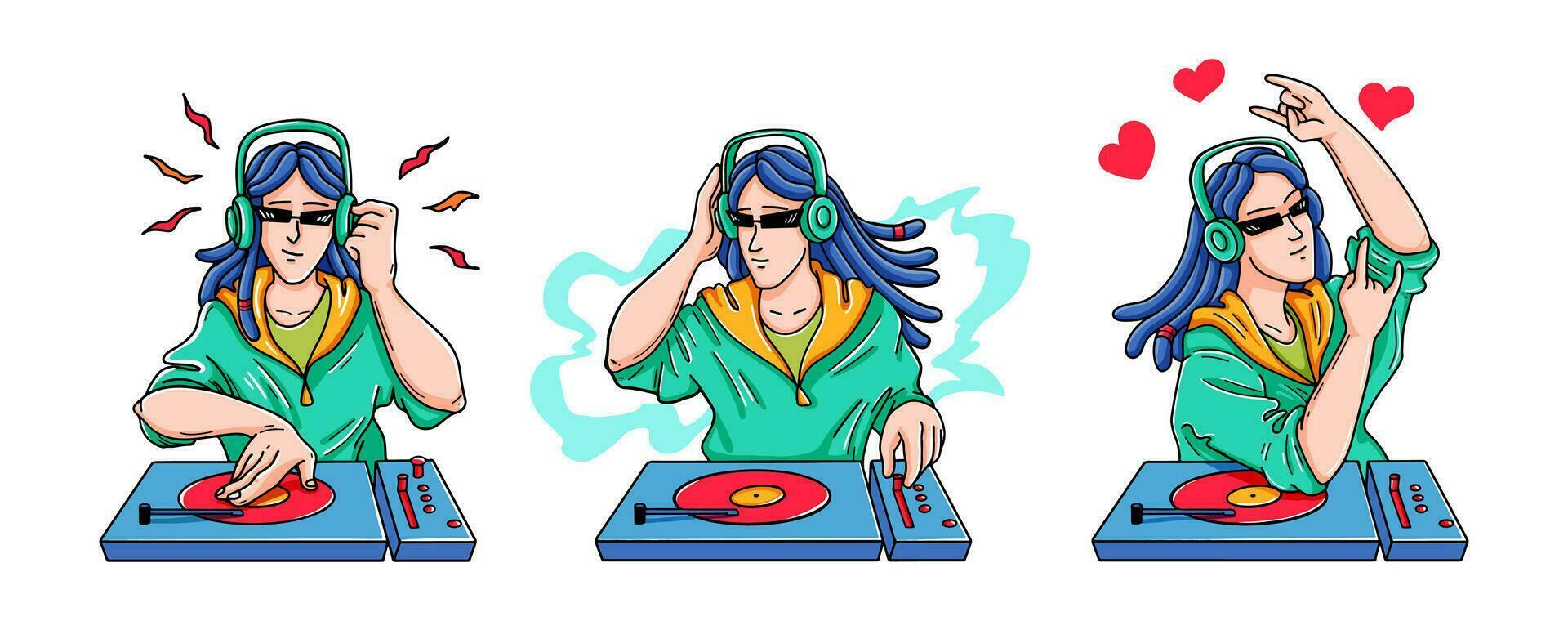 Dj characters at console. Female and male musicians with turntable mixer. vector
