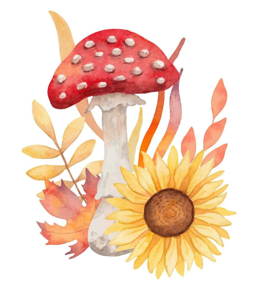 Autumn composition of fly agaric with sunflower and leaves. Clipart for seasonal holidays. Thanksgiving Day. Botanical watercolor forest illustration. Hand drawn isolated art vector