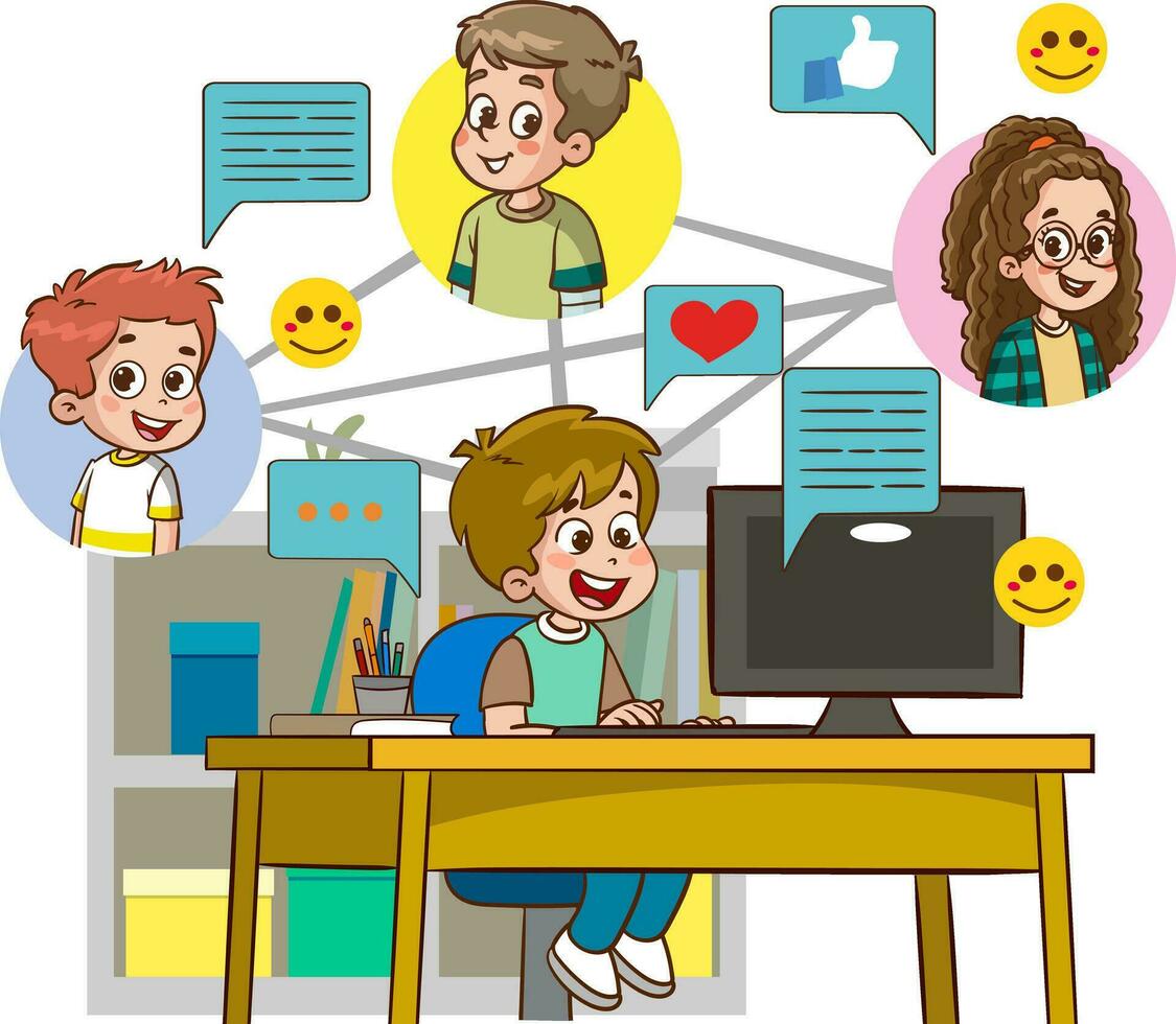 niños con social medios de comunicación elementos en blanco antecedentes ilustracion.niños remoto comunicación vía Internet. contento Niños y niña hablando, chateando a distancia. plano vector ilustración