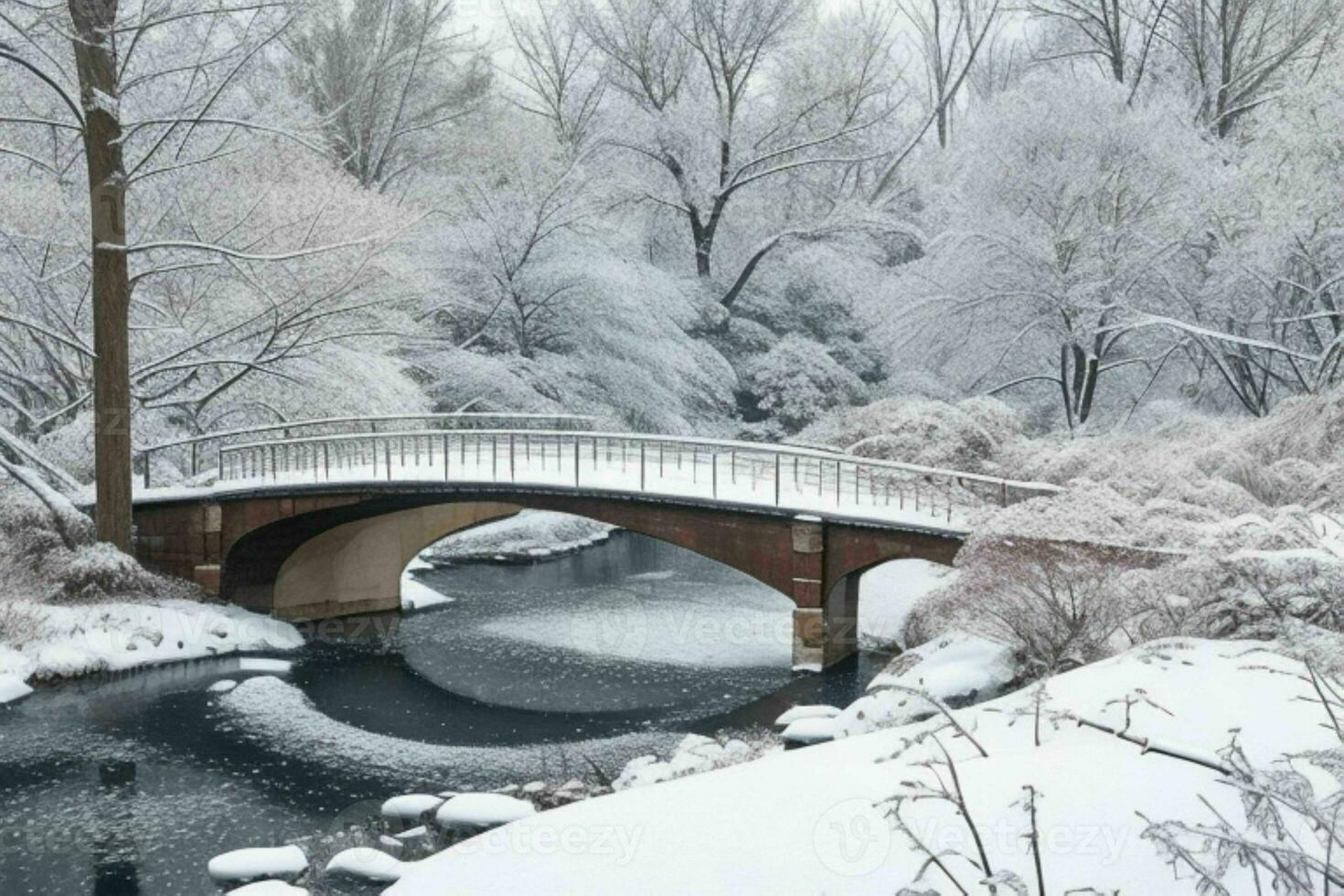 Winter at the garden, showing a bridge over frozen water and trees covered with snow. background. AI Generative Pro Photo