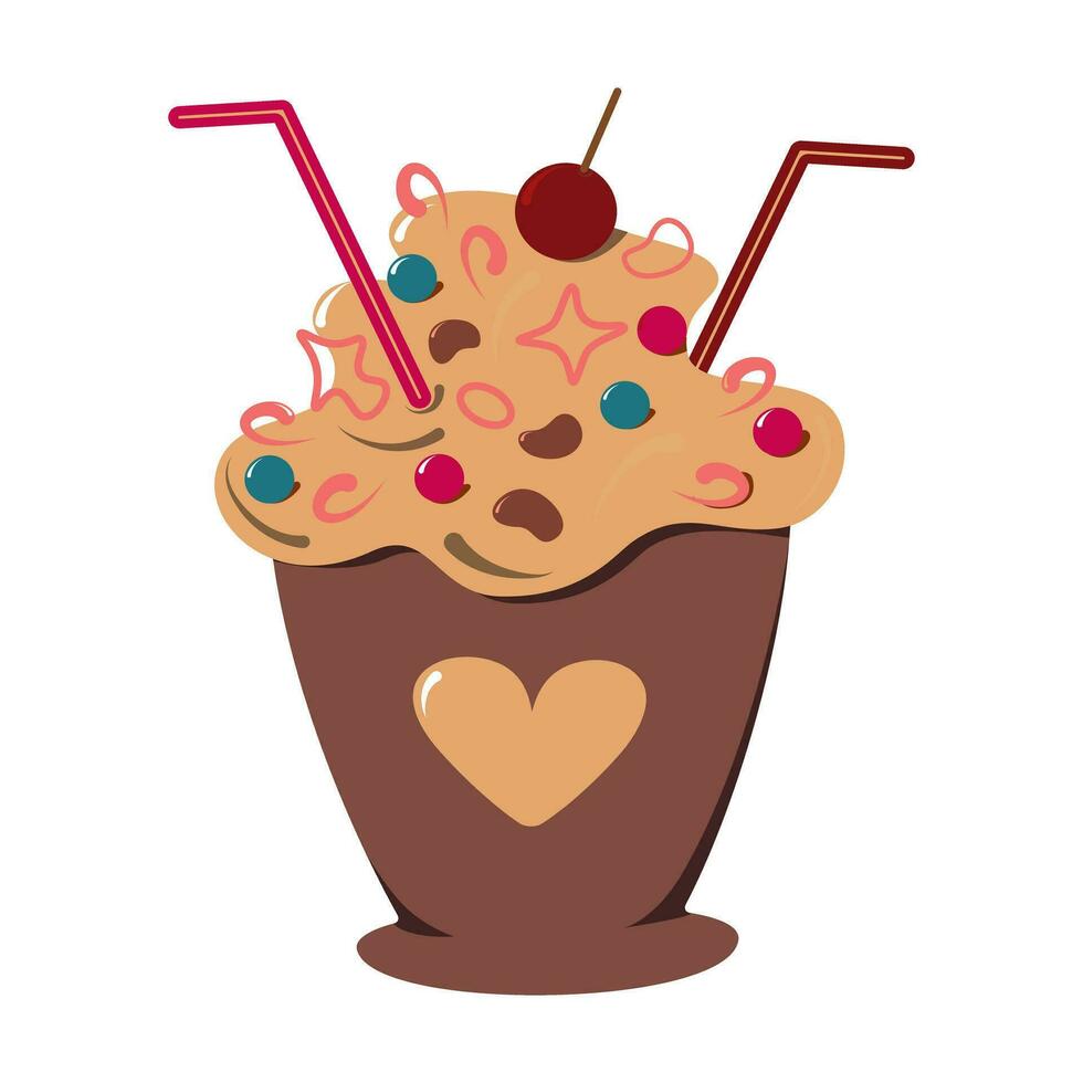 Dessert in a cup with cocktail straw and decoration in trendy warm chocolate shades. Happy cake day vector