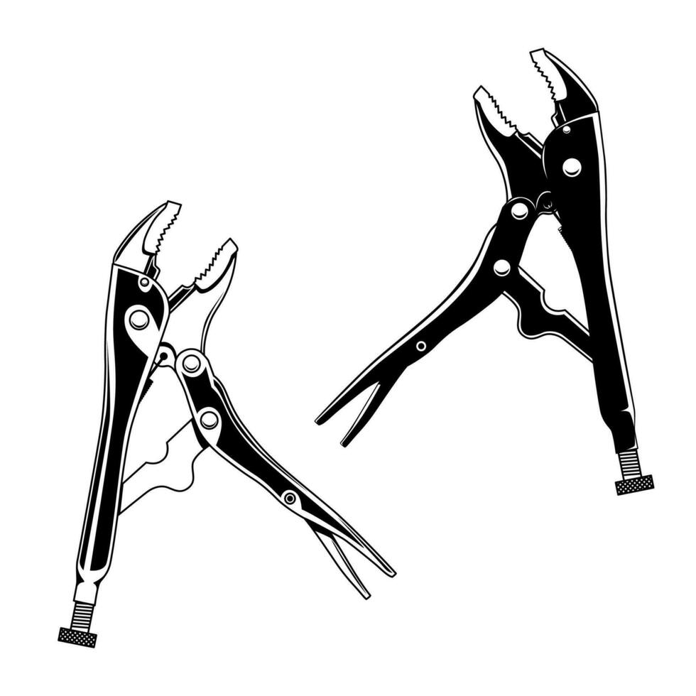 Black and white vector illustration of locking pliers on a white background. Mechanical tool collections.