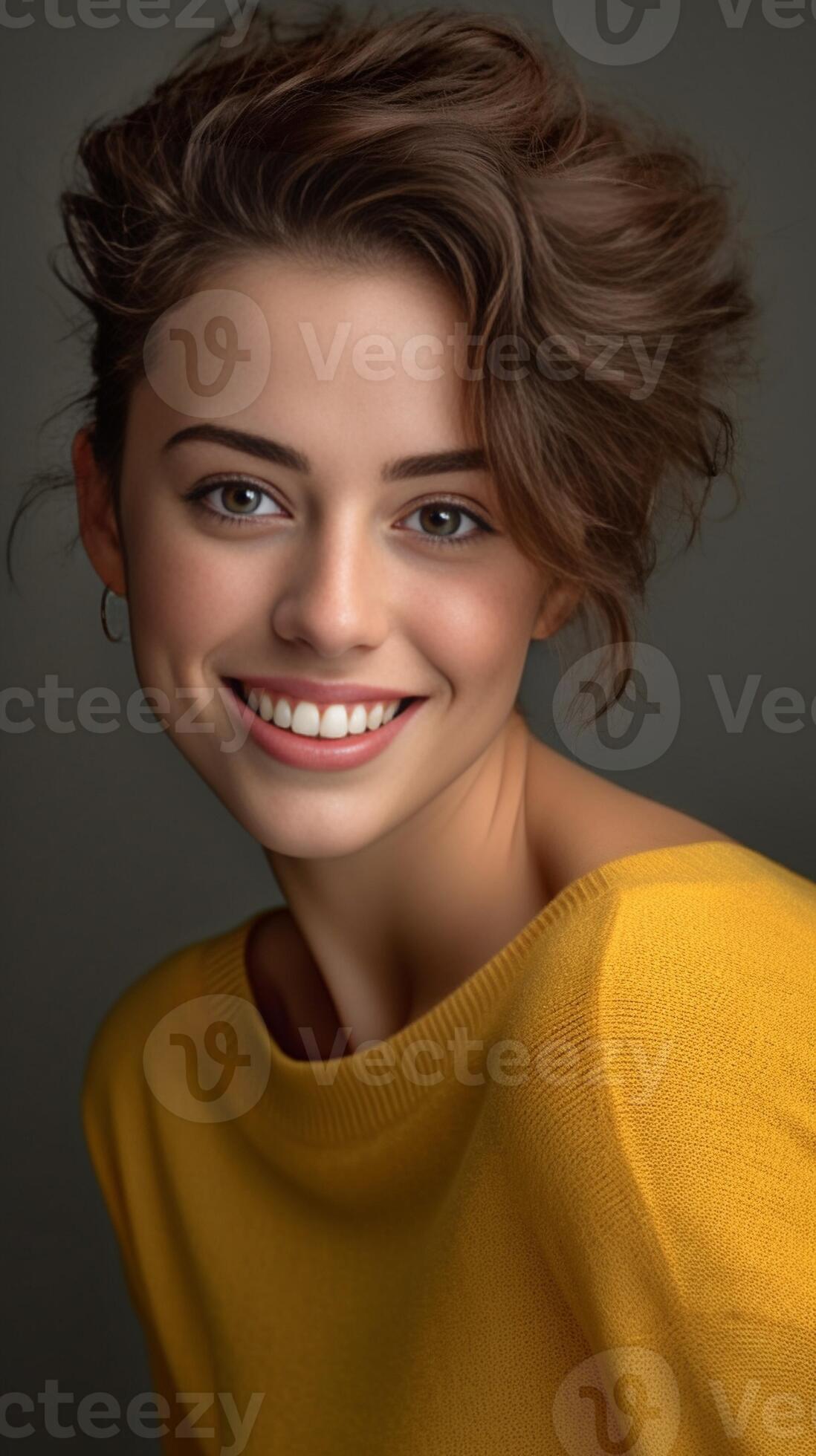 Closeup shot of refined young woman in yellow sweater Indoor portrait