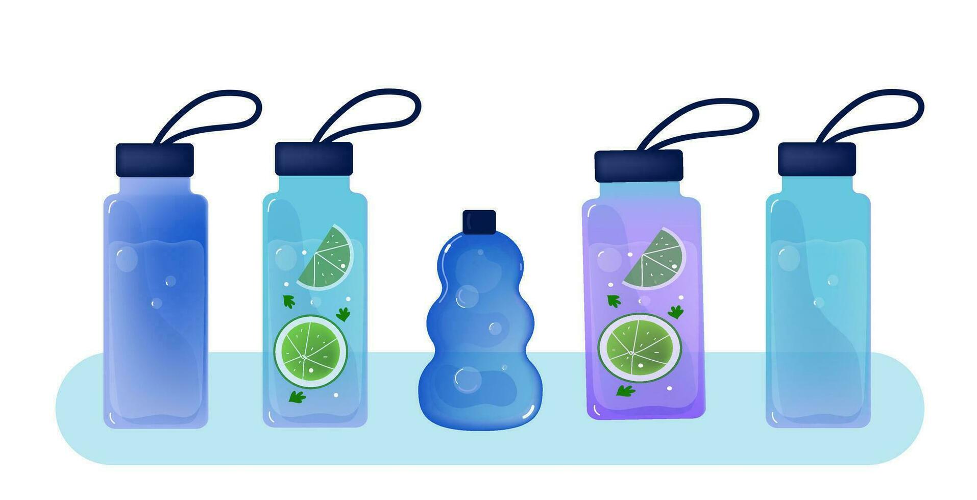 agua botellas colocar. concepto desintoxicación beber, Bebiendo agua en un vaso botella. reutilizable deporte botella con limón y hierbas. vector