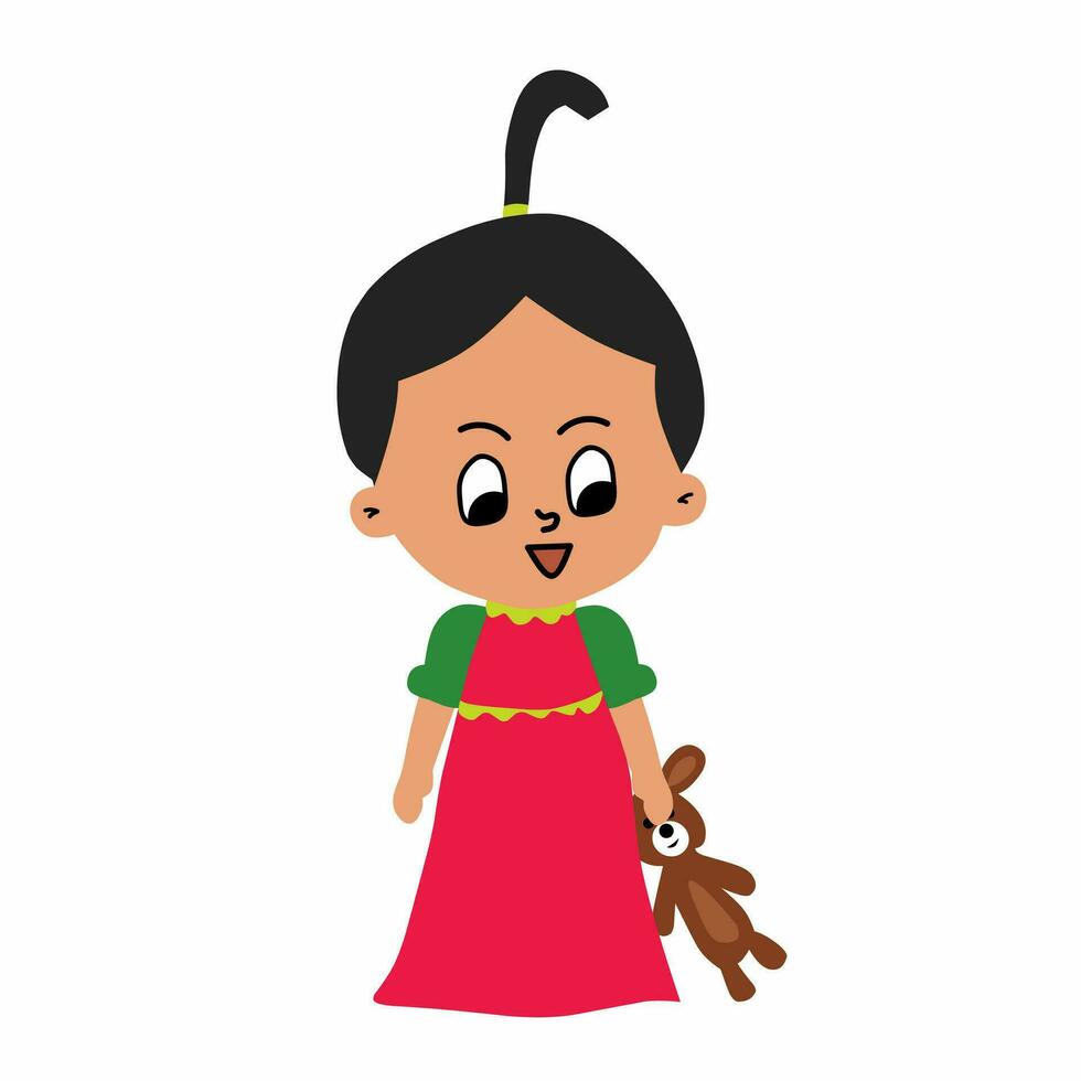 un contento pequeño niña y su muñeca ilustración vector