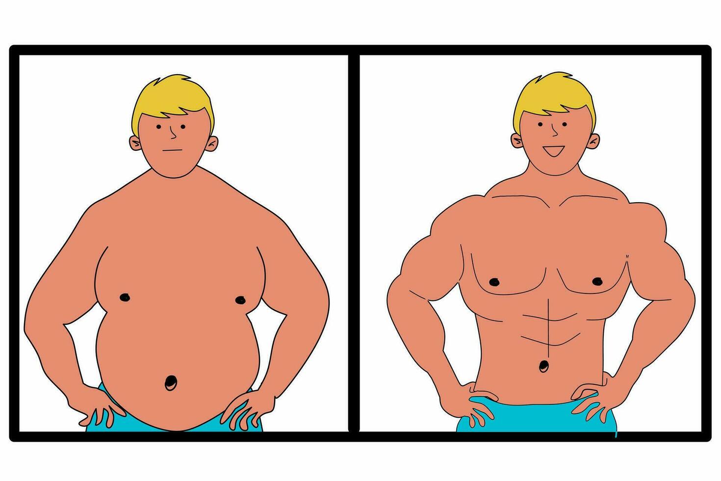 un hombre cuerpo antes de y después rutina de ejercicio dieta dibujos animados ilustración vector