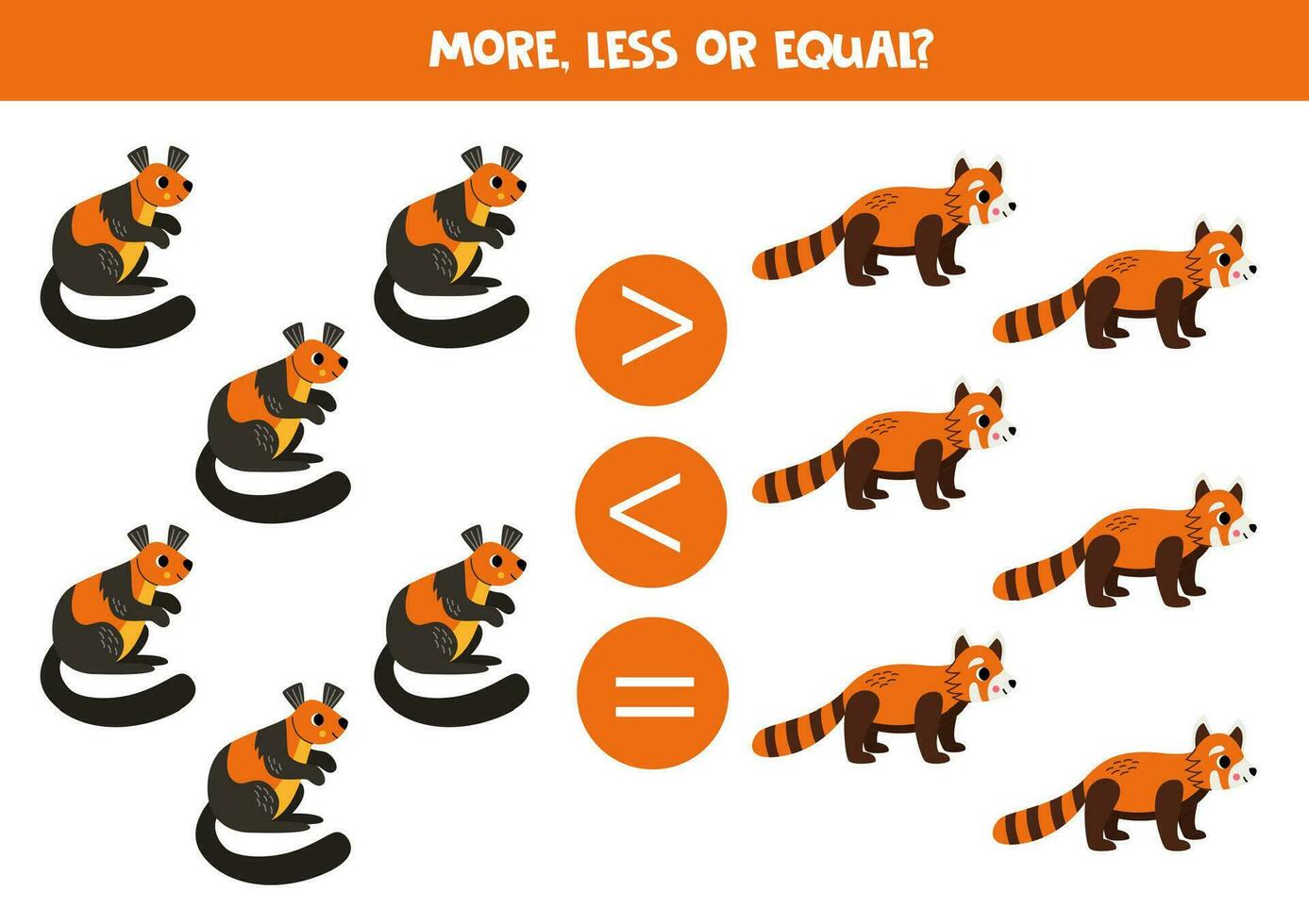 Grater, less or equal with cartoon giant squirrels and red pandas. vector