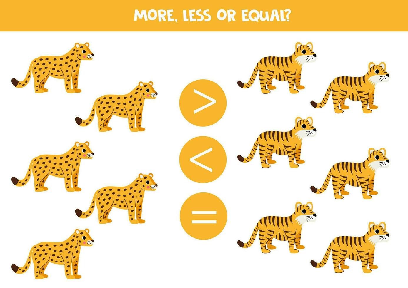 Grater, less or equal with cartoon tigers and leopards. vector