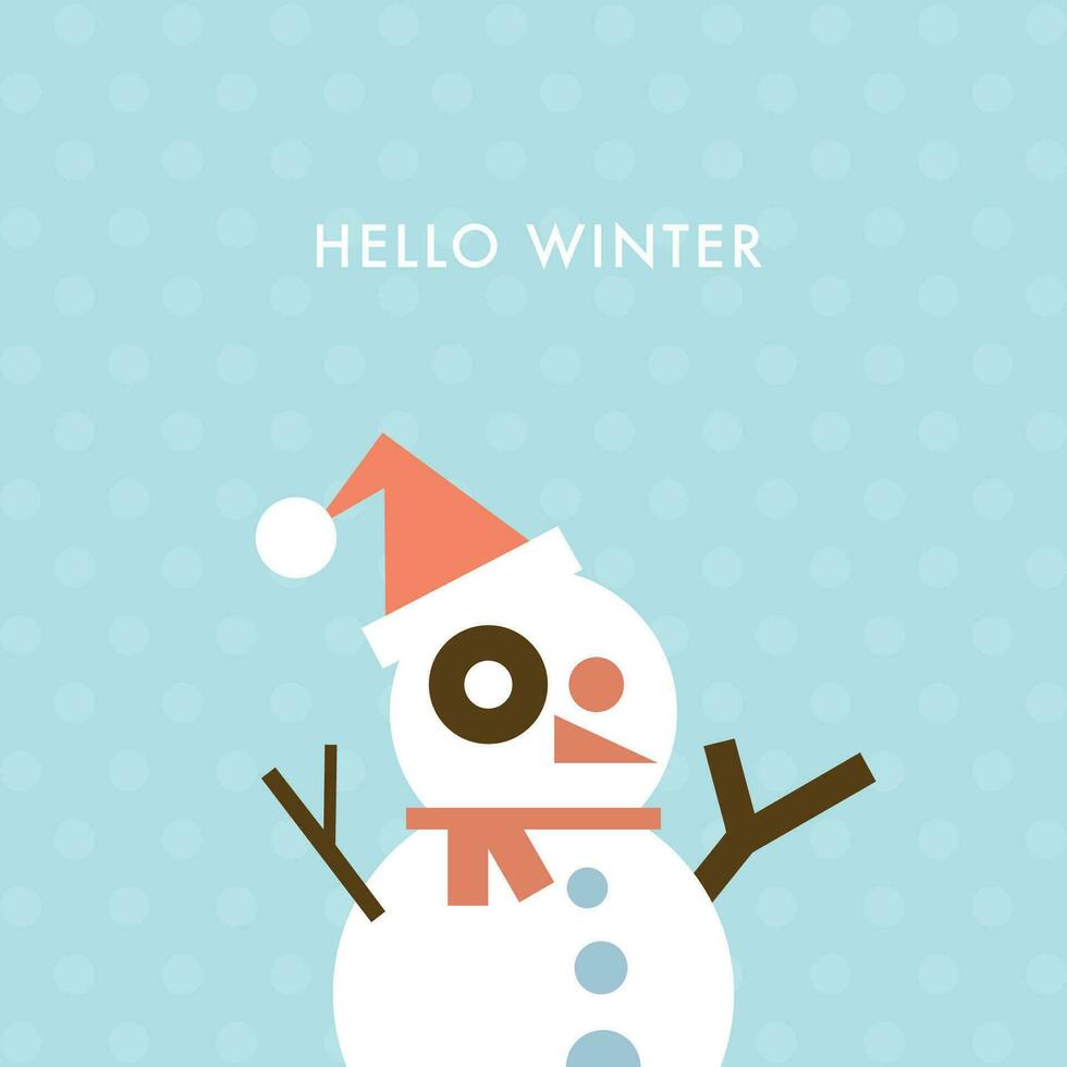 Hello Winter with snowman geometric shapes vector illustration. Merry Christmas and happy new year greeting card template.