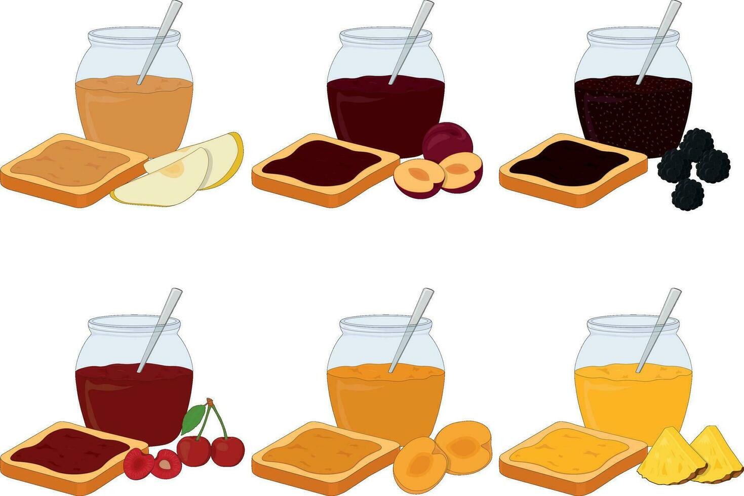 brindis con Fruta y baya mermelada para desayuno y vaso tarro de mermelada vector ilustración