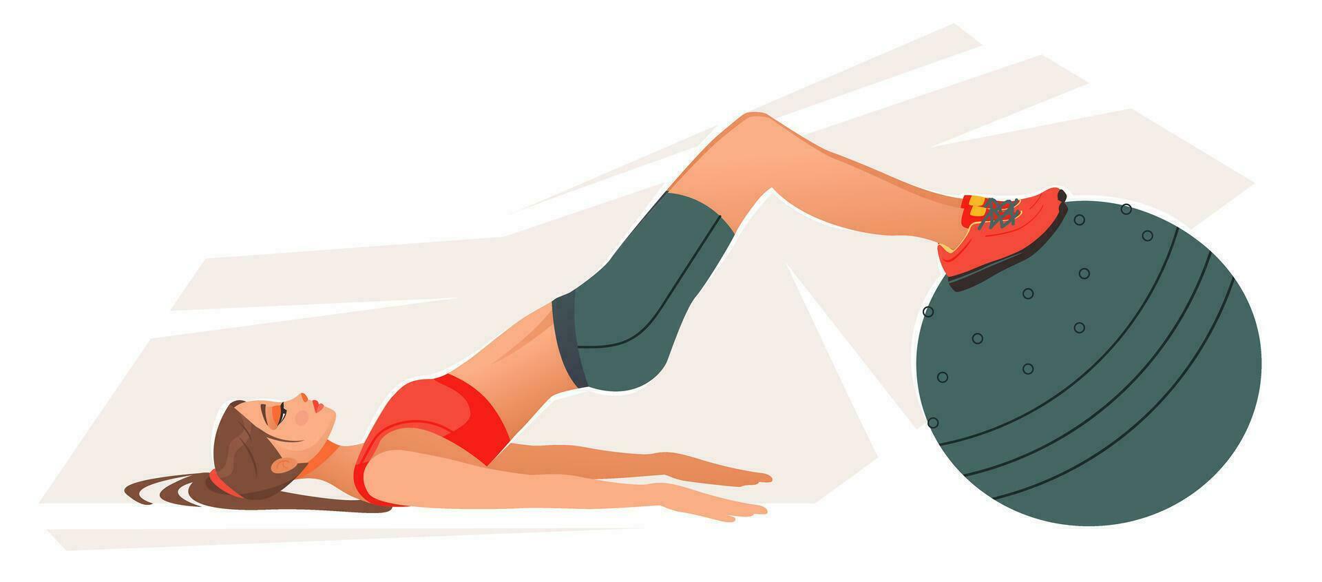 A sporty woman in sportswear is engaged in sports or fitness. The girl does exercises on the press. Cartoon vector illustration.