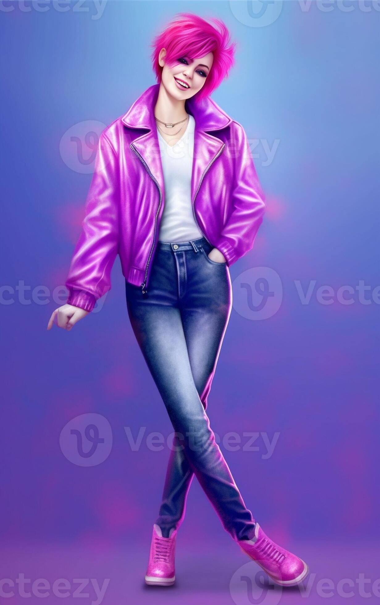 Fulllength portrait of adorable european woman wears pink striped pants