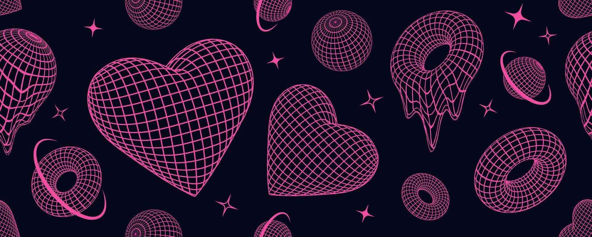 Retro Y2K seamless pattern with techno shapes and 3d wireframes, grids, geometric forms, pink neon crazy design elements in 2000s aesthetic style. vector