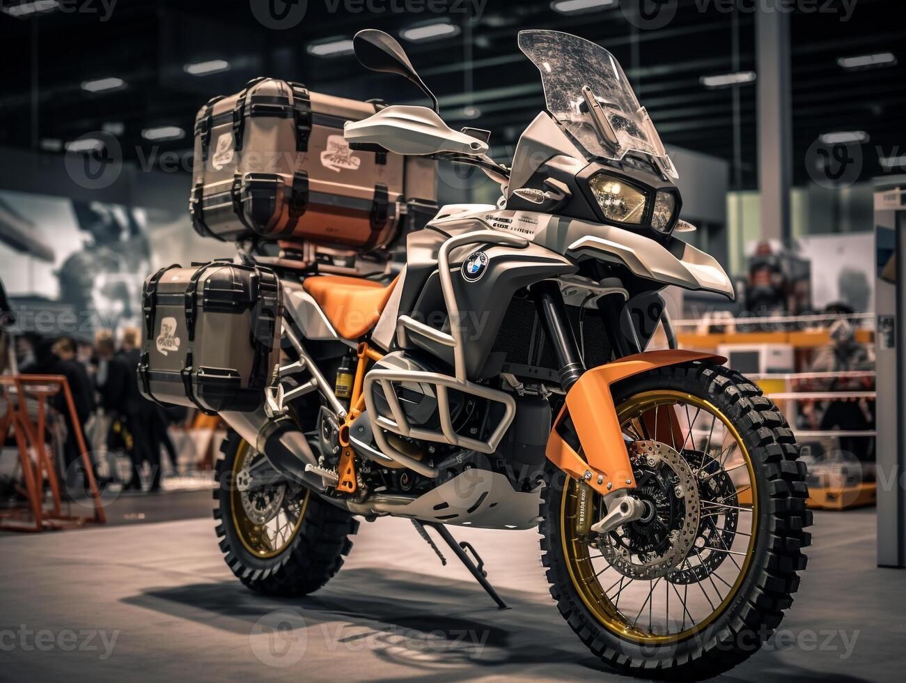 Adventure Motorcycle exhibition. Generative AI photo