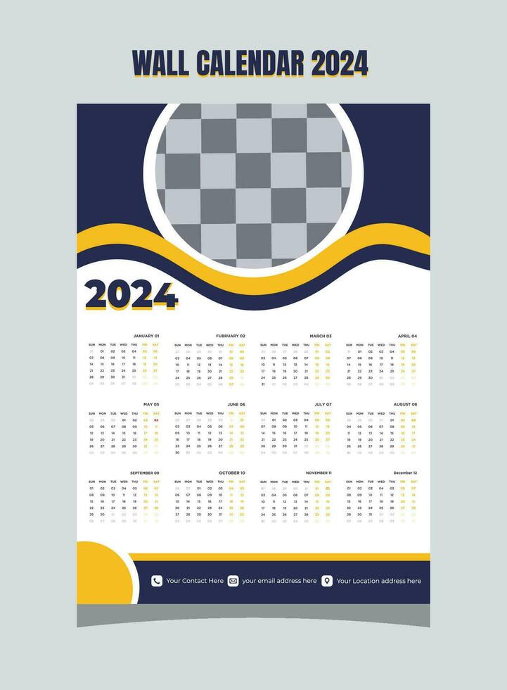 Wall Calendar 2024 Template Design. One Page Calendar. 12 Months Calendar. Week starts on Sunday vector