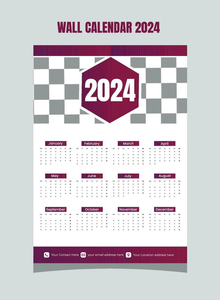 Wall Calendar 2024 Template Design. One Page Calendar. 12 Months Calendar. Week starts on Sunday vector