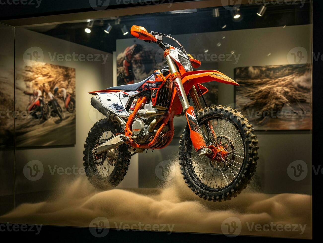 Dual-Sport Motorcycle exhibition. Generative AI photo