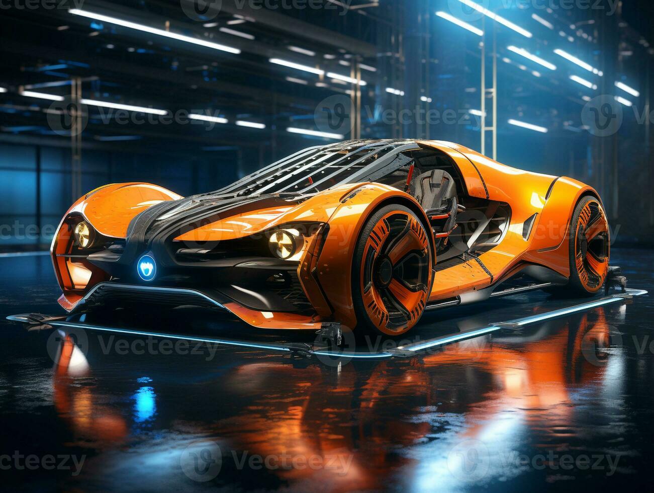 Electric car exhibition. Generative AI photo