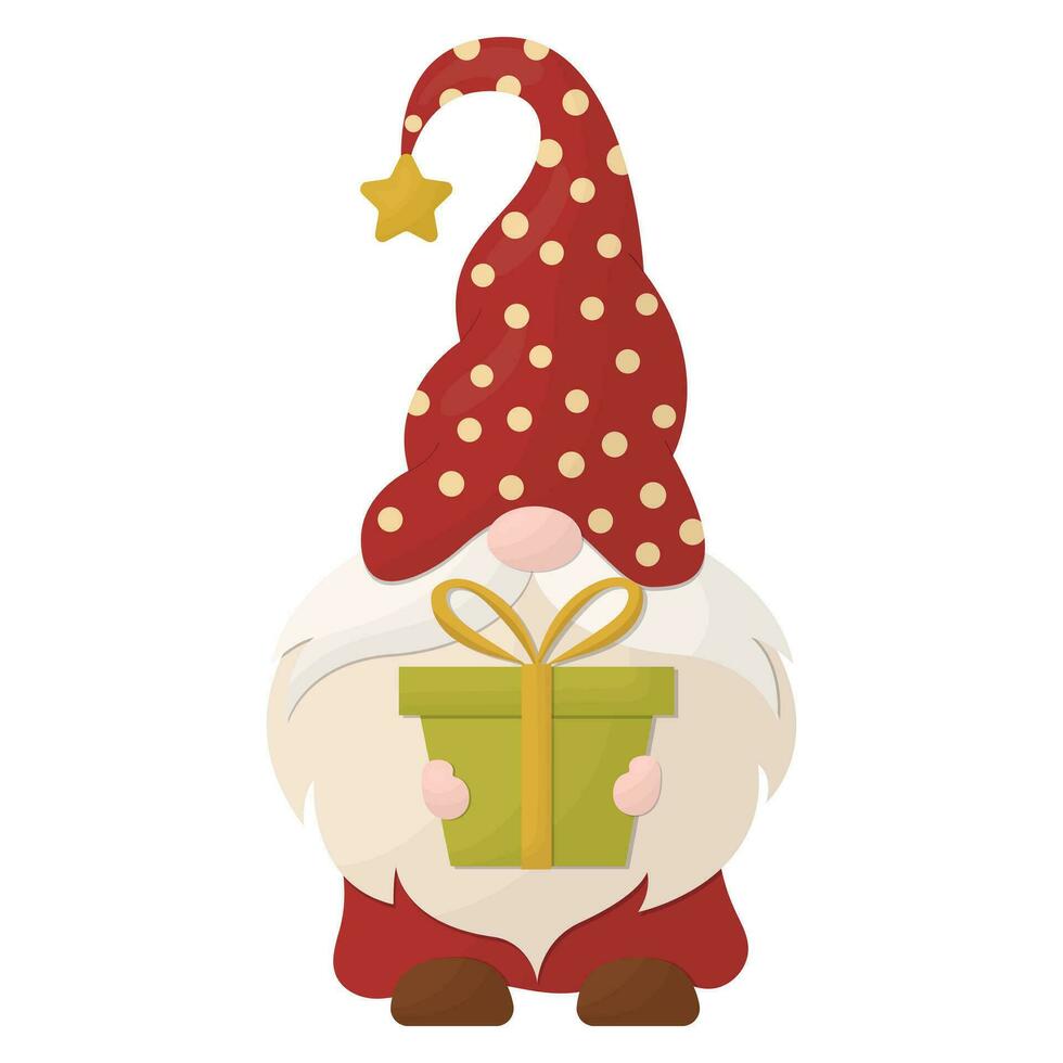 A Christmas gnome is holding a gift. Vector illustration on a white background.