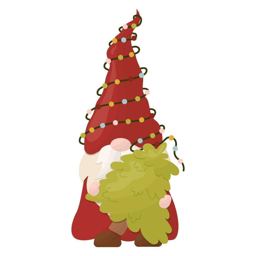 A Christmas gnome holds a Christmas tree. Vector illustration on a white background.