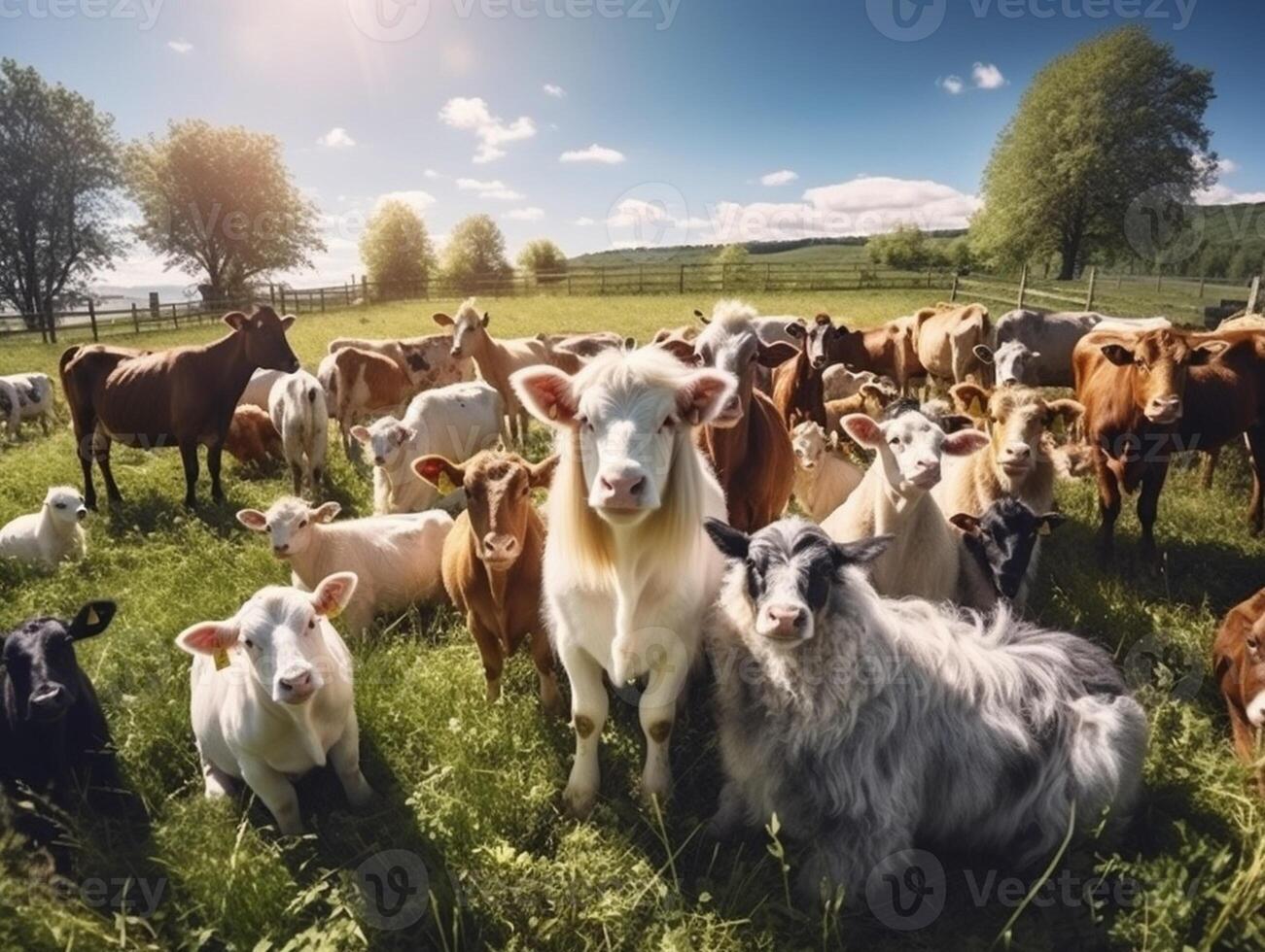 Lots of farm animals on the pasture, Generative AI 32870545 Stock Photo at Vecteezy