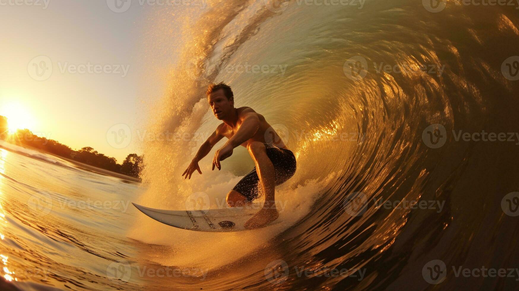 Surfers catching waves. Generative AI photo