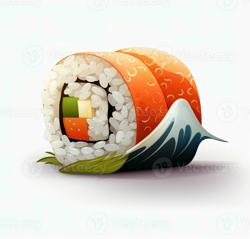 Cartoon Sushi roll is shown on a white background. Top view. AI Generative photo