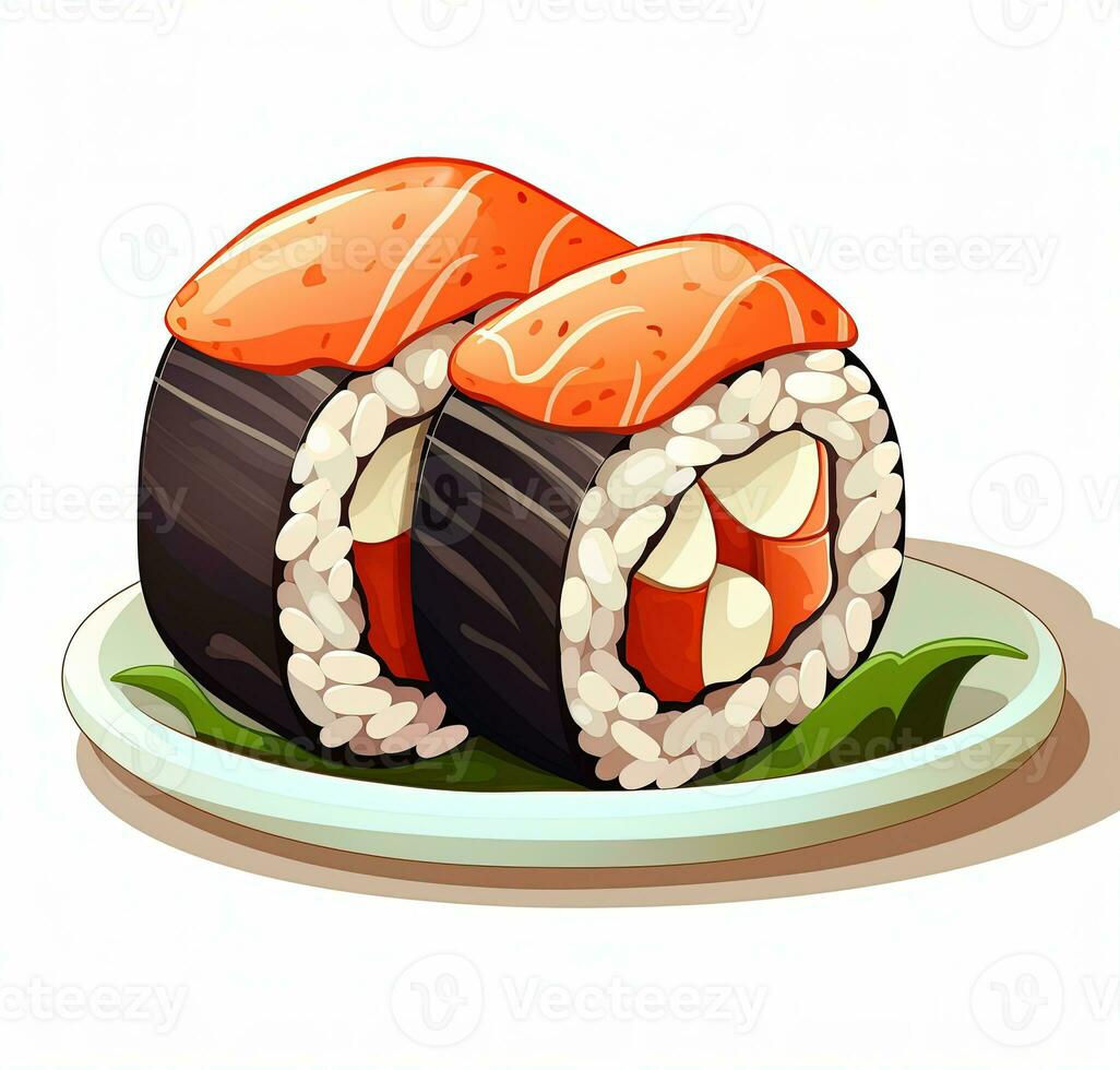Cartoon Sushi roll is shown on a white background. Top view. AI Generative photo